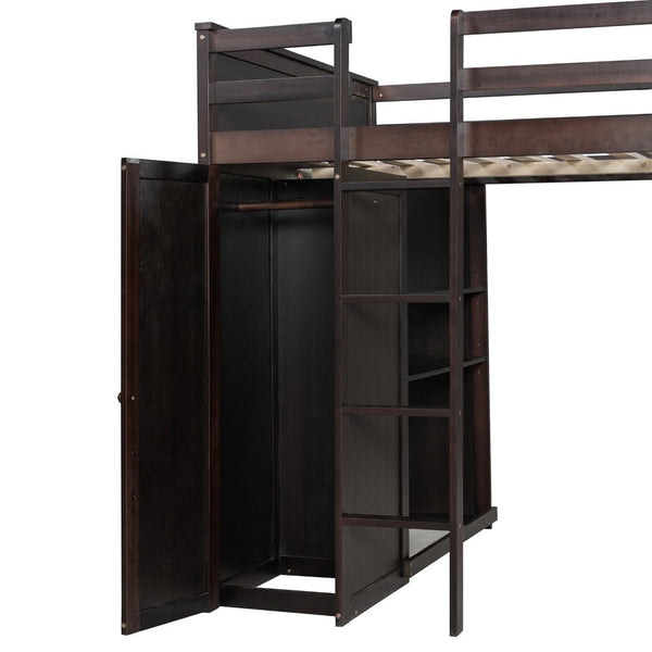 English Elm Full Twin Loft Bed with Desk Wardrobe Shelves Pine Wood Frame Kids Bedroom Espresso LT000821AAP-1
