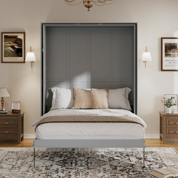 English Elm Rotating Queen Murphy Wall Bed with 14 Open Shelves Hydraulic Lift Space Saving Gray LP000962AAE
