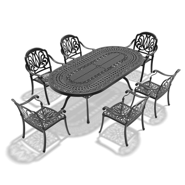 English Elm 7-piece Cast Aluminum Outdoor Dining Set Ornate Patio Table Six Stacking Chairs W1710S00648