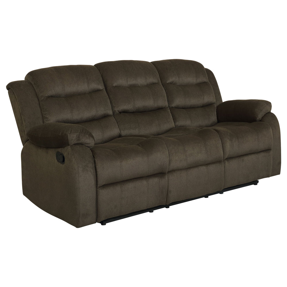 English Elm Belmont Olive Brown Velvet Motion Reclining Sofa with Pillow Top Arms, Triple-Channel Back Comfort B062P357804