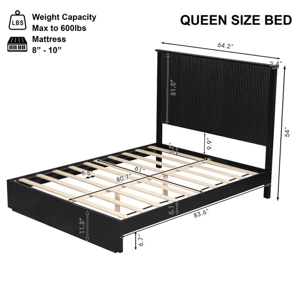 English Elm Stylish Queen Bed Frame Vertical Slat Headboard Solid Wood Contemporary Bedroom Black N770PQ369236B