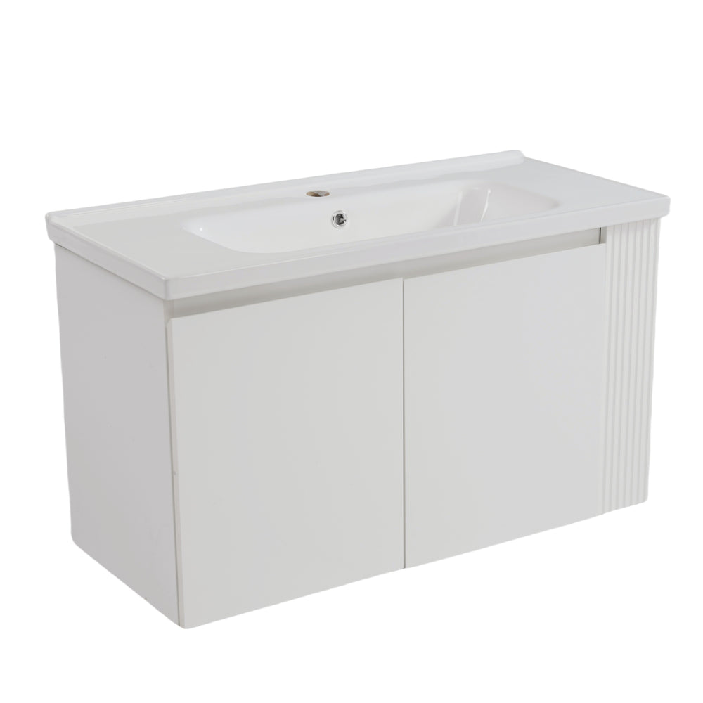 English Elm Christopher Knight Home® - 36" Modern Wall-Mounted Bathroom Vanity with Ceramic Sink, Soft-Close Doors, Fluted Accent & Open Shelves White N817P245322W