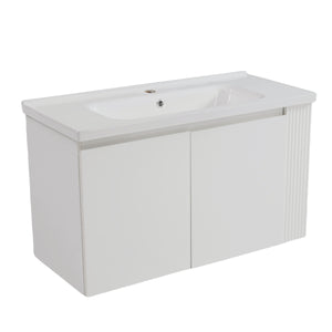 English Elm Christopher Knight Home® - 36" Modern Wall-Mounted Bathroom Vanity with Ceramic Sink, Soft-Close Doors, Fluted Accent & Open Shelves White N817P245322W
