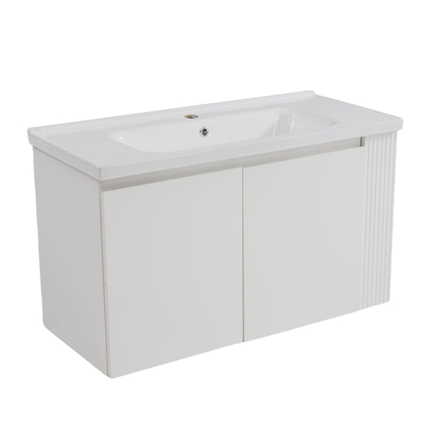 English Elm Christopher Knight Home® - 36" Modern Wall-Mounted Bathroom Vanity with Ceramic Sink, Soft-Close Doors, Fluted Accent & Open Shelves White N817P245322W