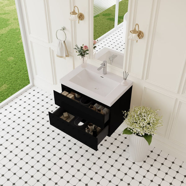 English Elm 30'' Wall Mounted Bathroom Vanity Smoked Walnut Fluted Cabinet Matte Black Basin Black W1920P385476