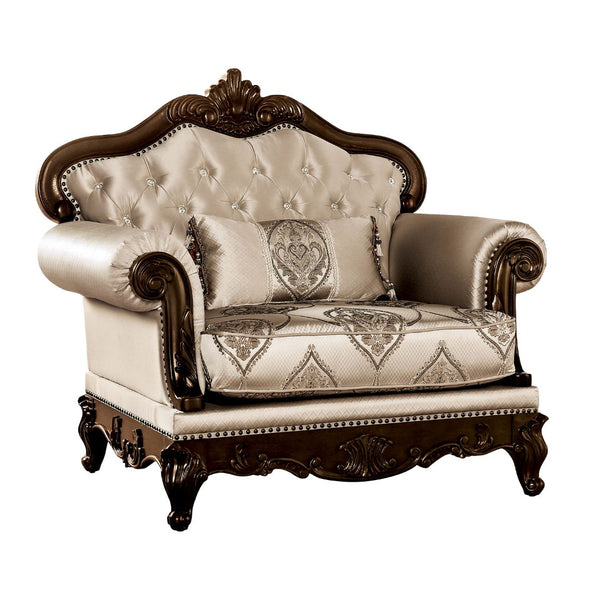 English Elm Traditional Carved Tufted Accent Chair with Rolled Arms, Nailhead Trim and Elegant Upholstery Beige,Cherry 49 L x 36 W x 22 H B2741P380258