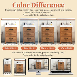 English Elm 24'' 24" Bathroom Vanity with Ceramic Basin, Vintage Wood Grain Gloss Countertop, 3-Drawer Storage Cabinet N710P243315P