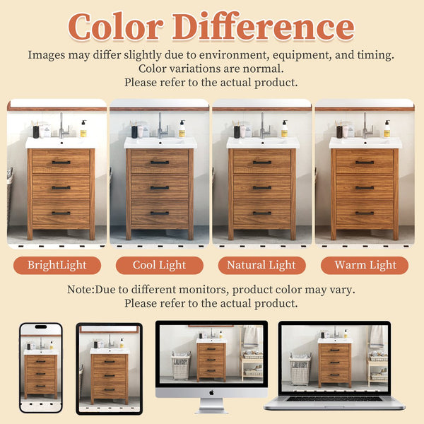 English Elm 24'' 24" Bathroom Vanity with Ceramic Basin, Vintage Wood Grain Gloss Countertop, 3-Drawer Storage Cabinet N710P243315P
