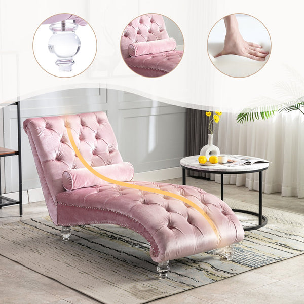 English Elm Velvet Curved Chaise Lounge Sofa with Button-Tufted Upholstery, Foam Seat, Acrylic Legs, Stylish Relaxation Pink W39538676