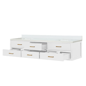 English Elm White Double Bath Vanity 84” W X 22” D With Elegant White Quartz Top, Soft-Close Features & Storage B2731P258161-GIGA