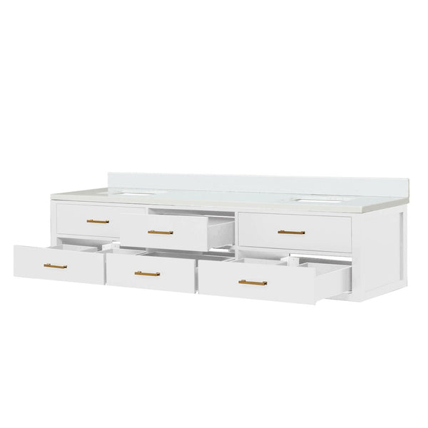 English Elm White Double Bath Vanity 84” W X 22” D With Elegant White Quartz Top, Soft-Close Features & Storage B2731P258161-GIGA