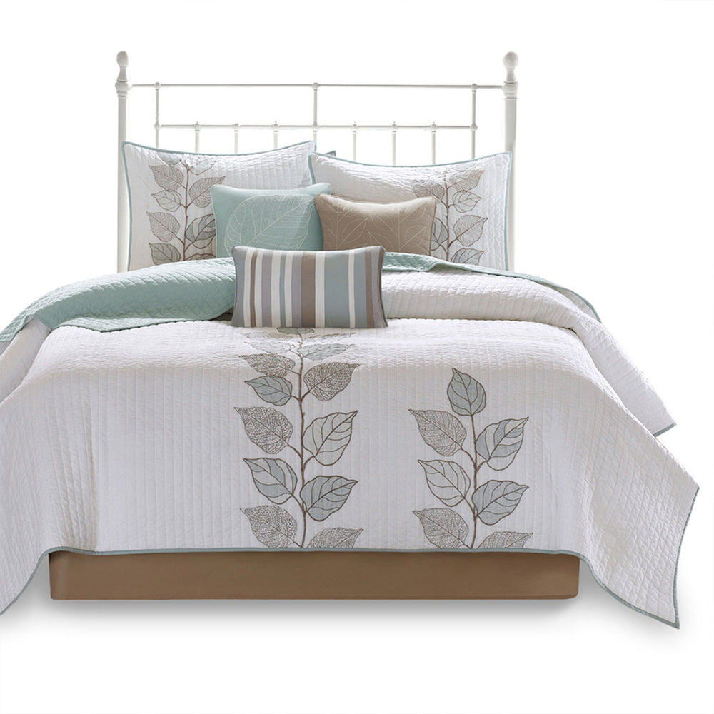 English Elm 6 Piece Caelie Embroidered Reversible Quilt Set Blue Full/Queen — Soft Microfiber, Decorative Pillows & Easy Care B03597608