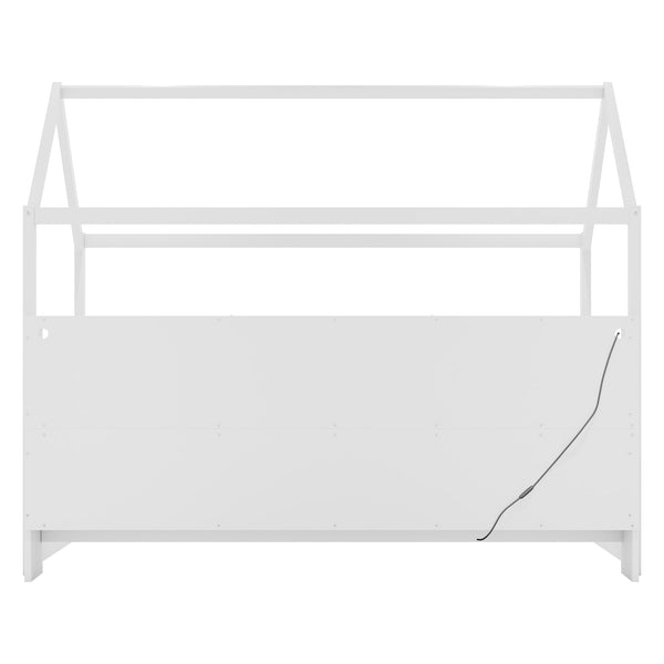 English Elm Twin House Bed with LED Light and Built-In Bookshelf, Solid Wood Playhouse Design for Kids Safety White 78.15 L x 15.75 W x 6.1 H W2593P269087