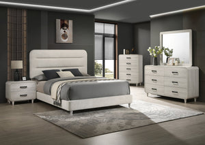 English Elm Plush Queen Size Upholstered Panel Bed with Sleek Lines and Neutral Palette for Elegant Bedrooms Antique White 85.7 L x 33.2 W x 11 H B2741S00440