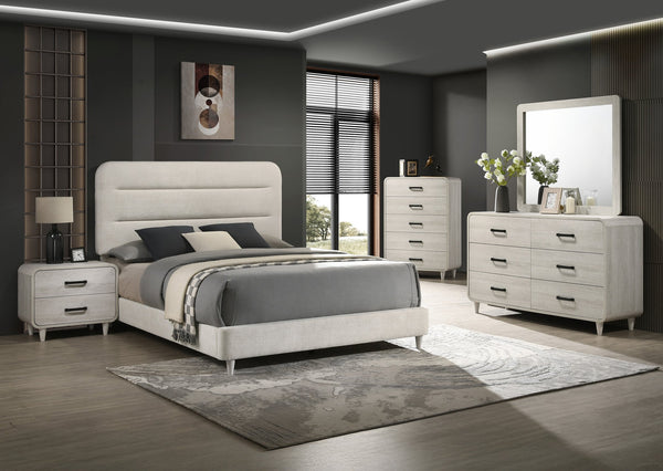 English Elm Plush Queen Size Upholstered Panel Bed with Sleek Lines and Neutral Palette for Elegant Bedrooms Antique White 85.7 L x 33.2 W x 11 H B2741S00440