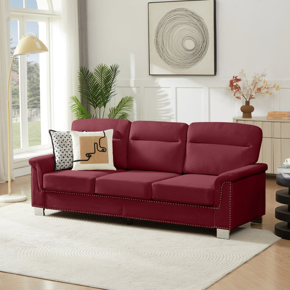 English Elm 82" Chesterfield Snowfleece Upholstered 3-seat Sofa Nailhead Trim Plush Living Room Burgundy W1359P386020