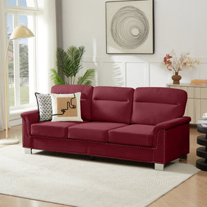 English Elm 82" Chesterfield Snowfleece Upholstered 3-seat Sofa Nailhead Trim Plush Living Room Burgundy W1359P386020