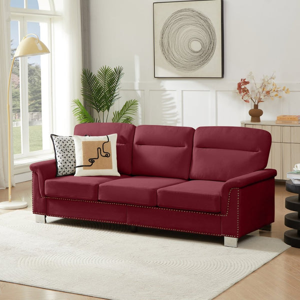 English Elm 82" Chesterfield Snowfleece Upholstered 3-seat Sofa Nailhead Trim Plush Living Room Burgundy W1359P386020