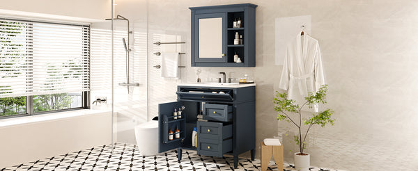 English Elm 30'' Bathroom Vanity Set With Mirror & Storage – Modern Freestanding Design, Ceramic Sink & Drawers SW000127AAC-1