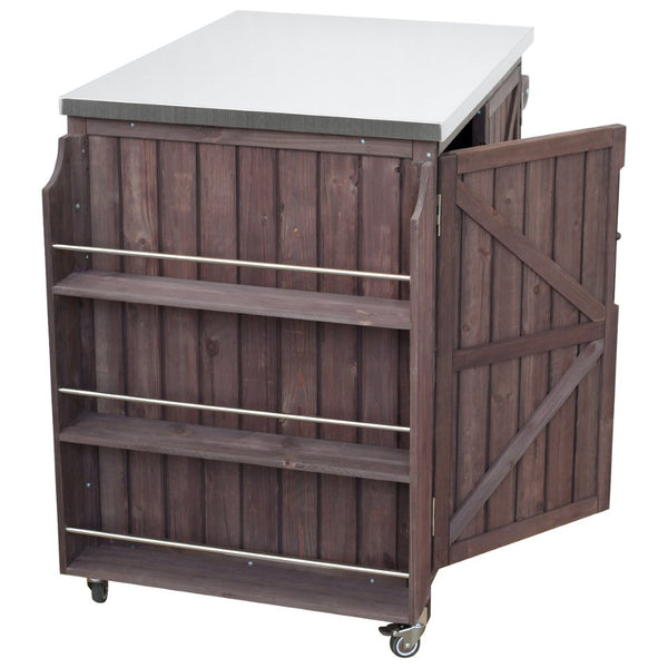English Elm K&k Rolling Outdoor Kitchen Island Solid Fir Wood Stainless Steel Top Storage Cabinet Dark Brown N707P370287Z
