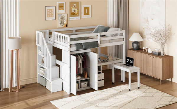 English Elm Queen Murphy Bed with Integrated Desk Cabinet Shelves Space Saving Studio Solution White N708S00014K