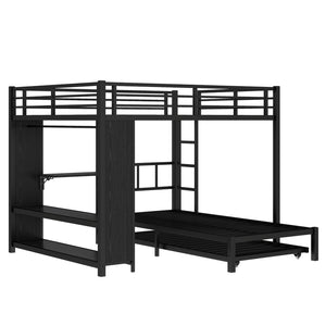 English Elm Queen Over Twin Bunk Bed With Wardrobe, Trundle, Foldable Desk & Noise-Reducing Design In Black W1580S00137-GIGA
