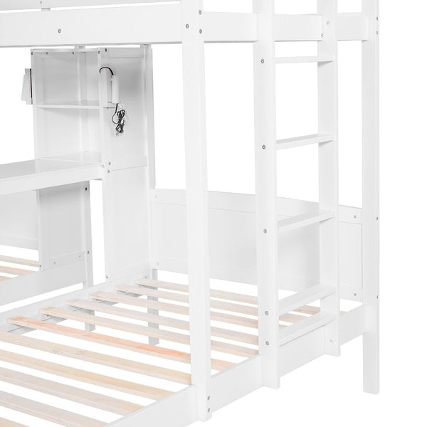English Elm Twin Triple Bunk Bed with Built in Desk Open Shelving and Led Task Lighting White N7090002243K