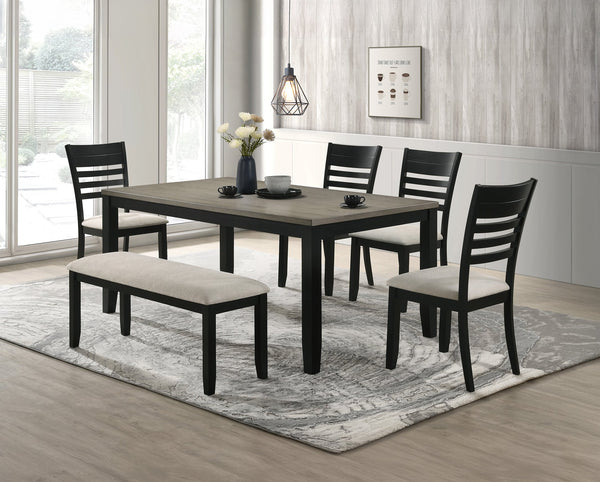English Elm Contemporary 6pc Dining Set with Rectangular Wood-Grain Table, Ladder-Back Chairs and Bench for Stylish Entertaining Black,Gray 50.2 L x 18.8 W x 10 H B011S01539