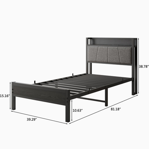 English Elm Twin Twin Size Bed Frame with Storage Headboard & Charging Station, Gray Upholstered, Sturdy 300lb Support W840P179116
