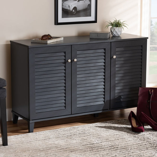Baxton Studio Baxton Studio Modern Dark Grey Wood Shoe Storage Cabinet with Slatted Doors for Stylish Entryway 8-Shelf FP-04LV-Dark Grey
