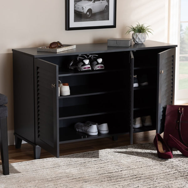 Baxton Studio Baxton Studio Modern Dark Grey Wood Shoe Storage Cabinet with Slatted Doors for Stylish Entryway 8-Shelf FP-04LV-Dark Grey