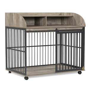 English Elm GO Furniture-Style Dog Crate 44" Gray End Table Kennel with Sliding Barn Door, Storage Shelves, Wheels WF323360AAE