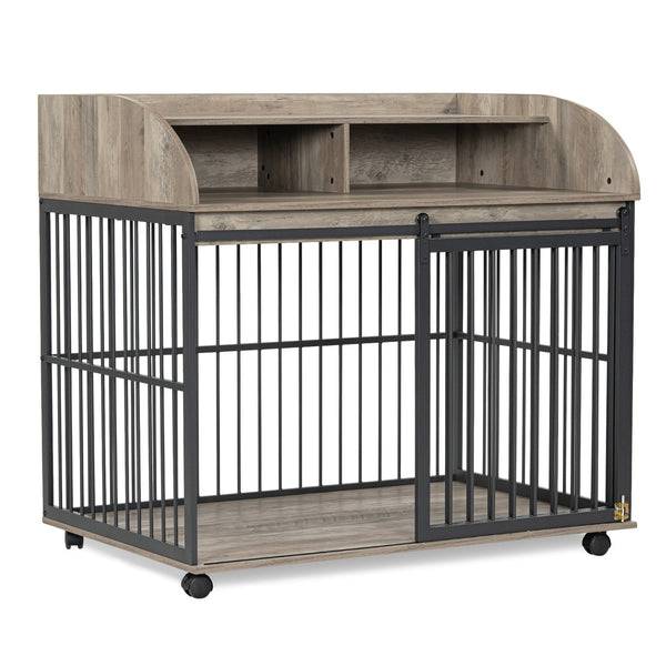 English Elm GO Furniture-Style Dog Crate 44" Gray End Table Kennel with Sliding Barn Door, Storage Shelves, Wheels WF323360AAE