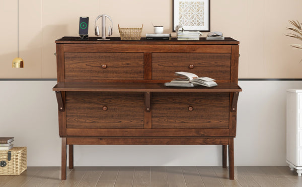 English Elm Full Size Pine Cabinet Murphy Bed with Usb Charging Side Shelves for Guest Rooms W504S00221