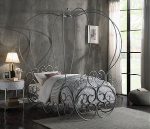 English Elm Priya Silver Finish Twin Bed with Canopy - Pumpkin Design Metal Frame, 9-Slat Support, Elegant Scroll Rails B2726S00217