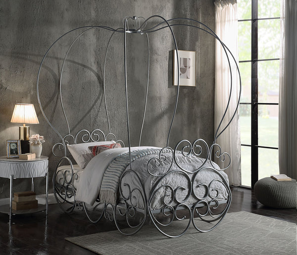 English Elm Priya Silver Finish Twin Bed with Canopy - Pumpkin Design Metal Frame, 9-Slat Support, Elegant Scroll Rails B2726S00217
