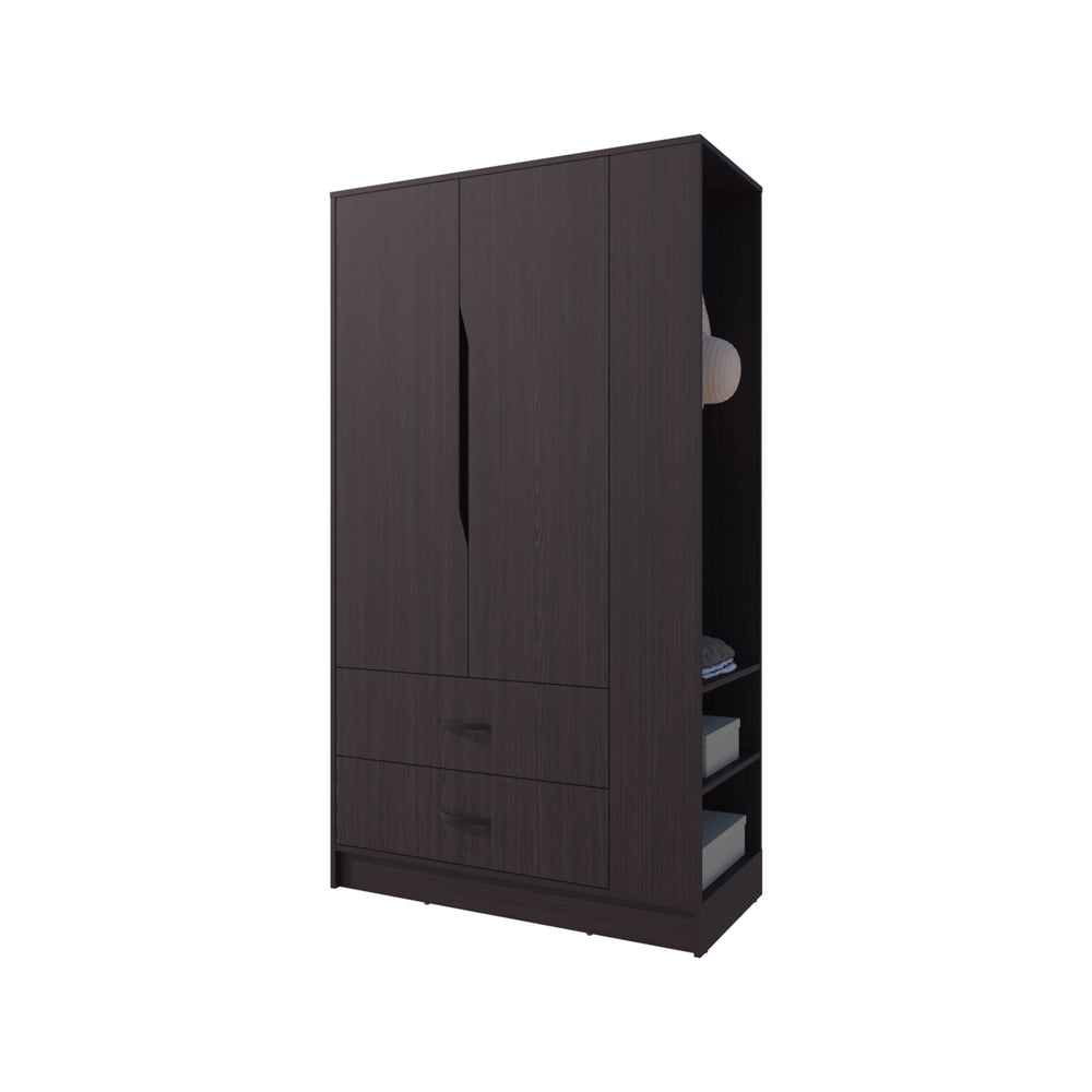 English Elm Sehili Spacious 3-Door Wardrobe with Drawer, Side Shelves & Dual Hanging Rods, Scratch-Resistant Wenge B128S00187