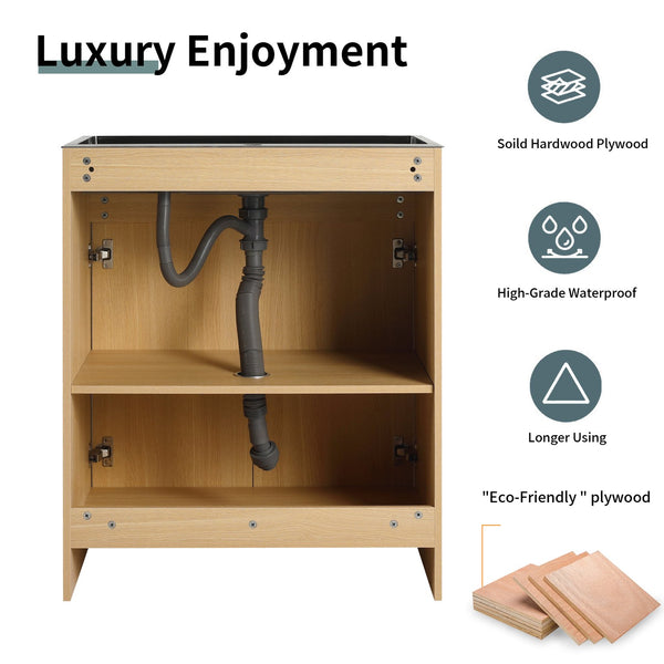 English Elm 28" Freestanding Bathroom Vanity with Gun-Gray Stainless Sink, Soft-Close Doors, Adjustable Shelves, Plywood Finish W999P376890