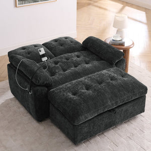 English Elm Leisure Chenille Two Seat Reclining Sofa with Usb Port Storage Ottoman Padded Armrests Black W487S00521