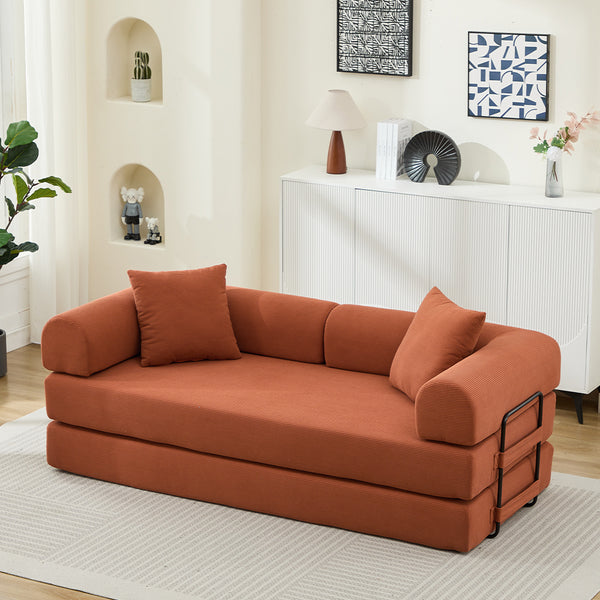 English Elm Folding Corduroy Sofa Bed 78.5" Convertible 3-Seater to Bed with 2 Pillows, No Assembly, Orange W2915P391458