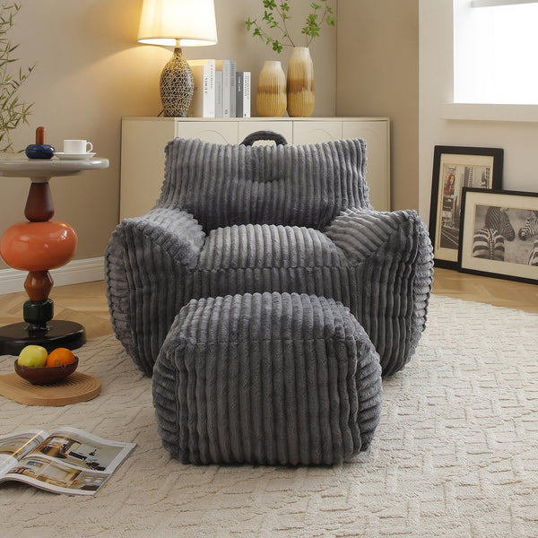 English Elm Giant Plush Bean Bag Chair with Armrests and Footstool for Ultimate Comfort, Durable Corduroy Lounge Sofa Grey W1117P309391