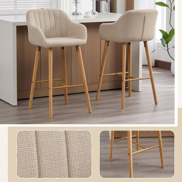 English Elm Modern Linen Upholstered Barstools with Oak Legs Armrests and Footrest for Kitchen Islands Beige W395P396313