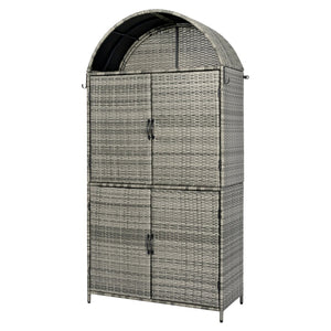 English Elm K&k Tall Arched Pe Rattan Outdoor Storage Cabinet with Adjustable Shelves and Steel Frame Grey N707P420158G