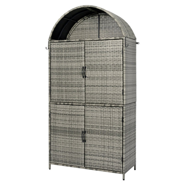 English Elm K&k Tall Arched Pe Rattan Outdoor Storage Cabinet with Adjustable Shelves and Steel Frame Grey N707P420158G