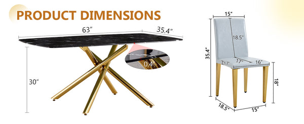 English Elm Table and Chair Set Marble Glass Top Golden Legs with Six Gray Pu Seats W1151S04784