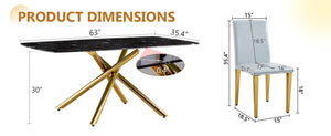 English Elm Table and Chair Set Marble Tempered Glass Top Golden Fork Base with Four Pu Seats Black+Gold,Light Gray W1151S04783