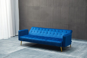 English Elm Sofa Bed Velvet Upholstered Convertible with Gold Metal Legs for Studio Spaces Dark Blue B205P246427