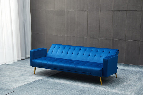 English Elm Sofa Bed Velvet Upholstered Convertible with Gold Metal Legs for Studio Spaces Dark Blue B205P246427