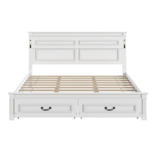English Elm King Pine Wood Storage Bed with Led Lighting Usb Charging Tall Panel Headboard White W504S00269