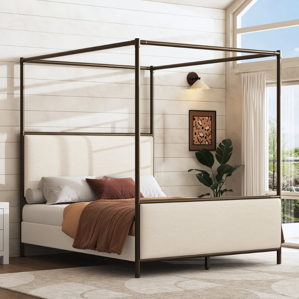English Elm Queen Canopy Bed Linen Upholstered Iron Frame Open Silhouette Bedroom Focal Point N757Q343424I